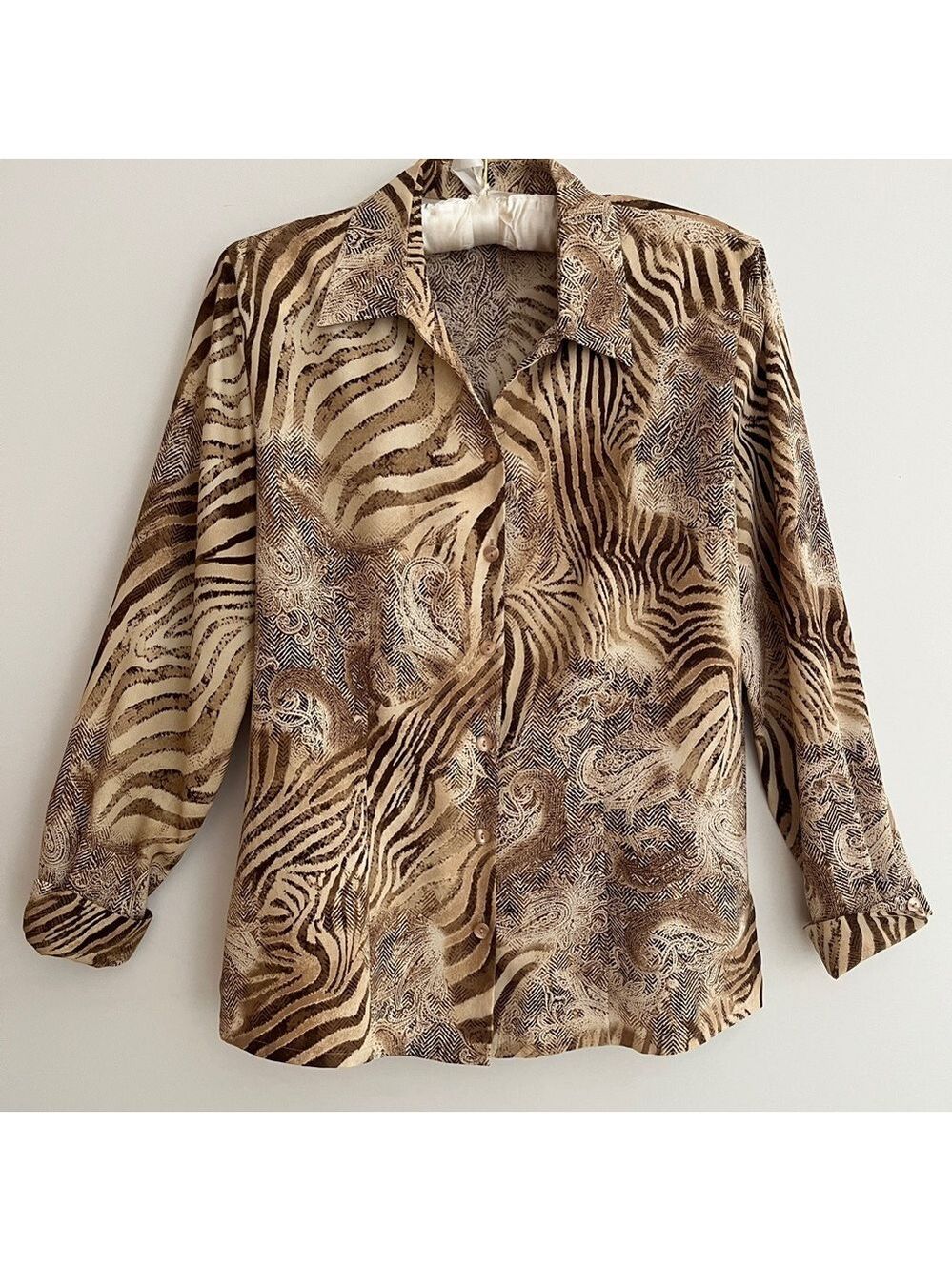 BASLER Tiger Paisley Print Long Sleeve Button Front Blouse Safari Business Chic